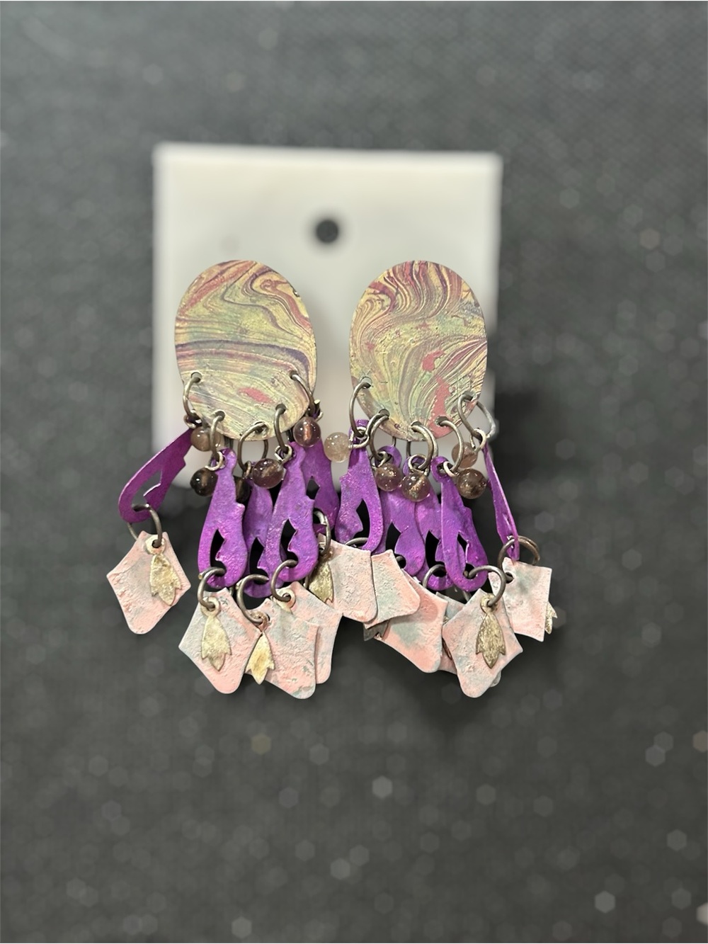 colorful, multi-tier dangle with marbled oval tops cutout fringe earrings